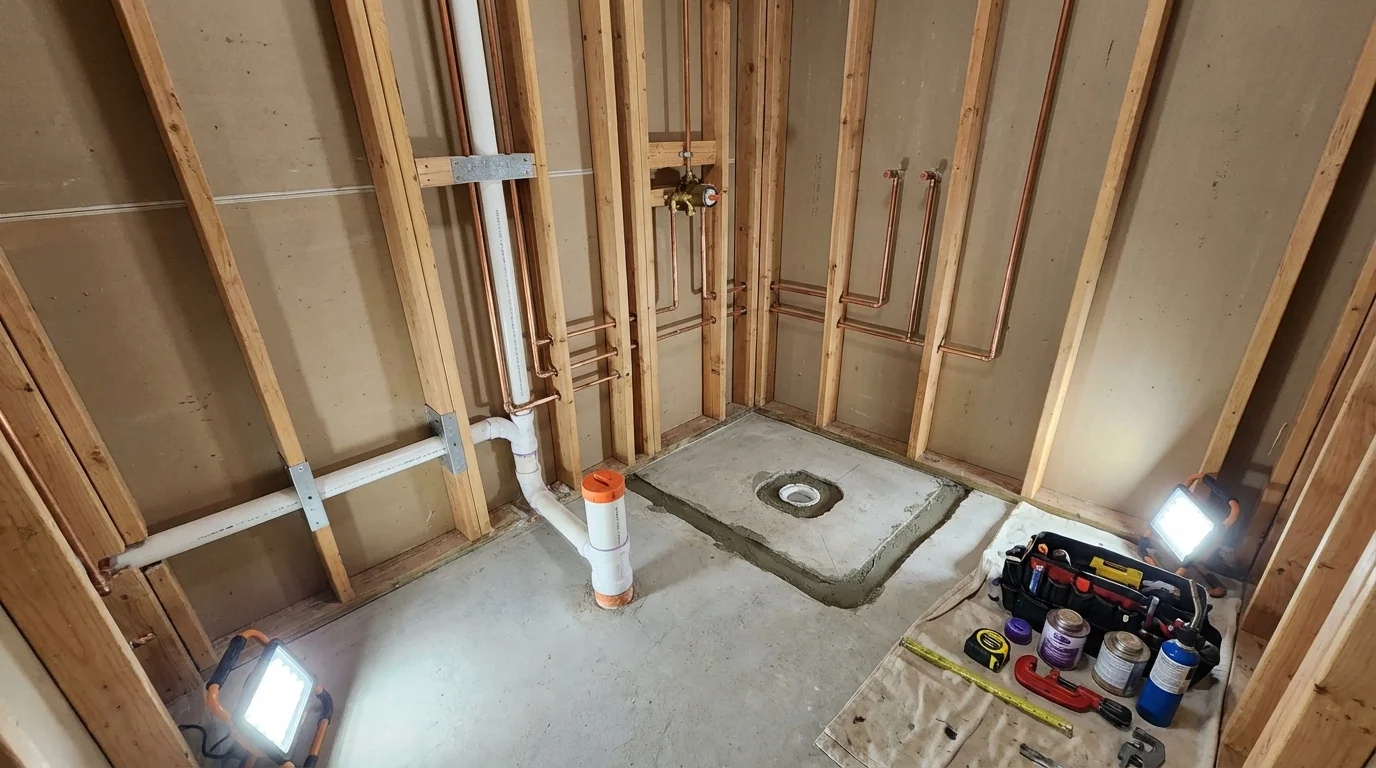 Bathroom rough-in plumbing during remodel by Johns Plumbing LLC in Hollister