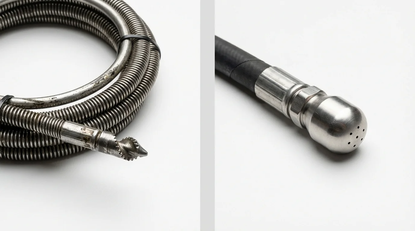 Drain snake cable and hydro jetting nozzle used for drain cleaning in Hollister, CA
