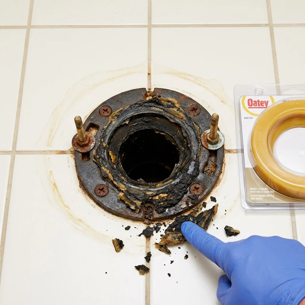 Failed wax ring showing water seepage at the base of a toilet in a Hollister, CA home