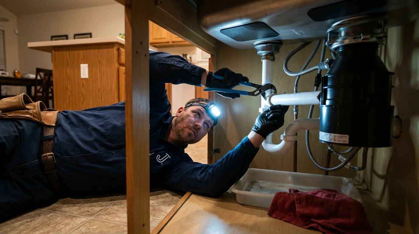 P-trap and supply line connections under a kitchen sink showing a common leak point in Hollister, CA